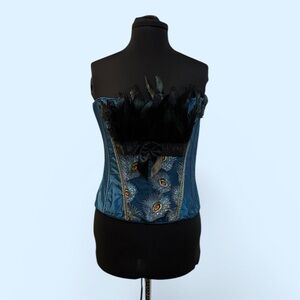 Teal Peacock Feather Bustier Corset with Black Feather Trim XL